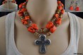 ORANGE TURQUOISE AND LAMPWORK DOUBLE LAYERED CROSS NECKLACE